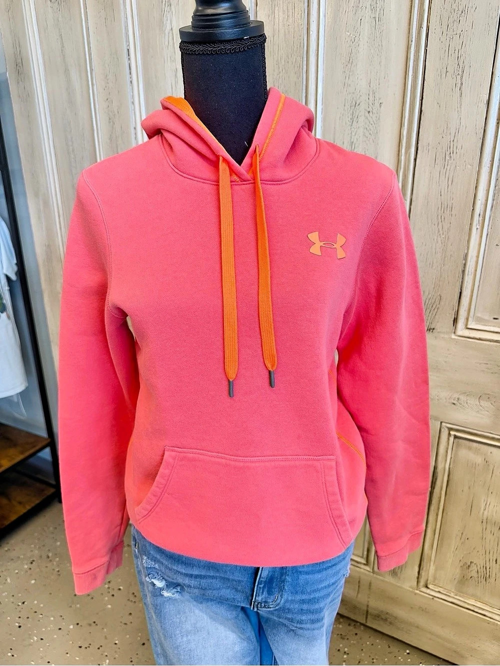Under Armour Fleece Hoodie Pink & Orange Small Semi-Fitted EUC